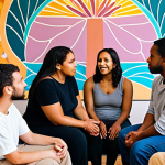 **A community mediation circle: Diverse people sitting in a circle, engaged in a facilitated dialogue. Focus on empathetic facial expressions and a safe, supportive atmosphere. Background subtly shows a mural depicting community unity and healing.**