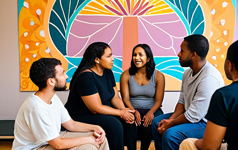 **A community mediation circle: Diverse people sitting in a circle, engaged in a facilitated dialogue. Focus on empathetic facial expressions and a safe, supportive atmosphere. Background subtly shows a mural depicting community unity and healing.**