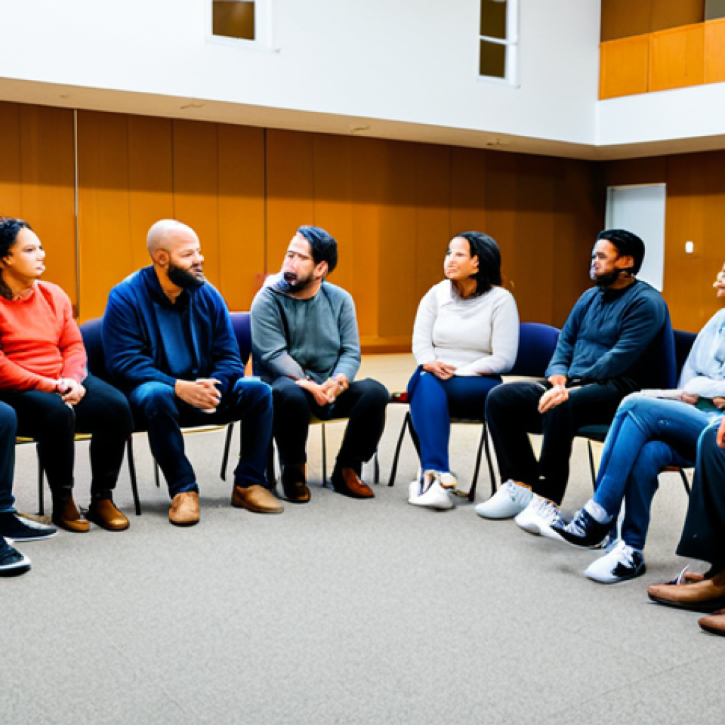 **Prompt:** A community meeting in a bright, modern community center. Participants are seated in a circle, engaged in active listening and respectful dialogue, facilitated by a trained mediator. The scene emphasizes empathy and understanding. Fully clothed, appropriate content, safe for work, professional, perfect anatomy, natural proportions, family-friendly, well-formed hands, proper finger count, natural body proportions.