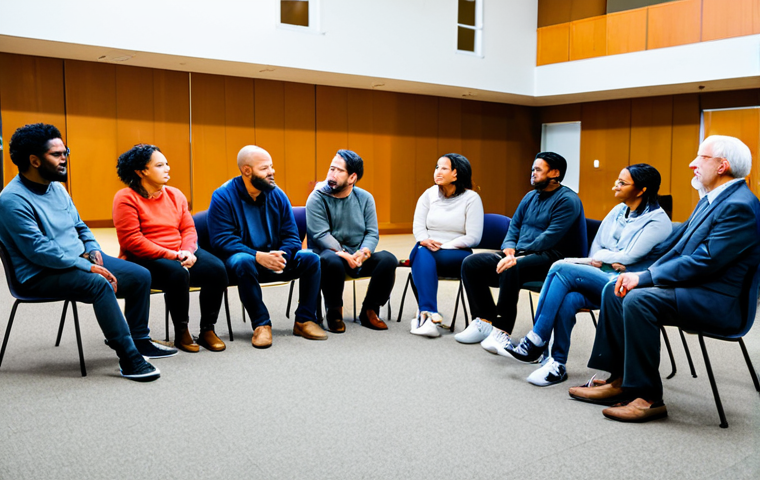 **Prompt:** A community meeting in a bright, modern community center. Participants are seated in a circle, engaged in active listening and respectful dialogue, facilitated by a trained mediator. The scene emphasizes empathy and understanding. Fully clothed, appropriate content, safe for work, professional, perfect anatomy, natural proportions, family-friendly, well-formed hands, proper finger count, natural body proportions.