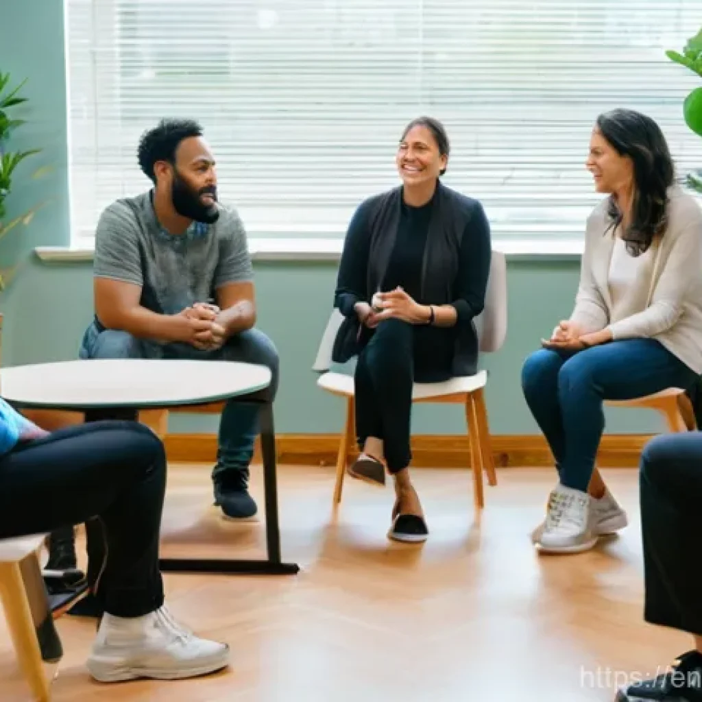 회복적 정의를 통한 범죄 피해 복구 방법 - **Prompt:** A group of diverse adults (3-5 individuals) seated in a comfortable, well-lit community ...