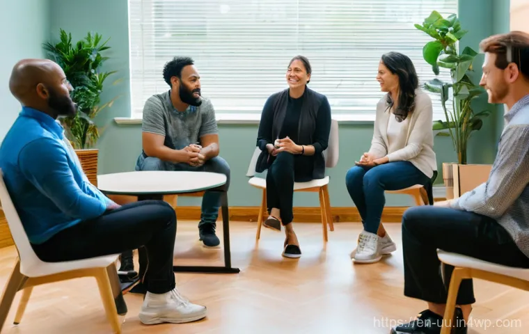 회복적 정의를 통한 범죄 피해 복구 방법 - **Prompt:** A group of diverse adults (3-5 individuals) seated in a comfortable, well-lit community ...