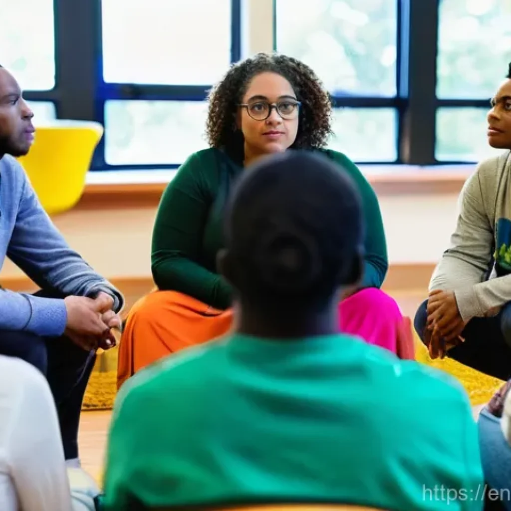 회복적 정의를 위한 커뮤니티 참여 방법 - **Community Healing Circle:** A diverse group of adults and young adults (all appearing over 15 year...