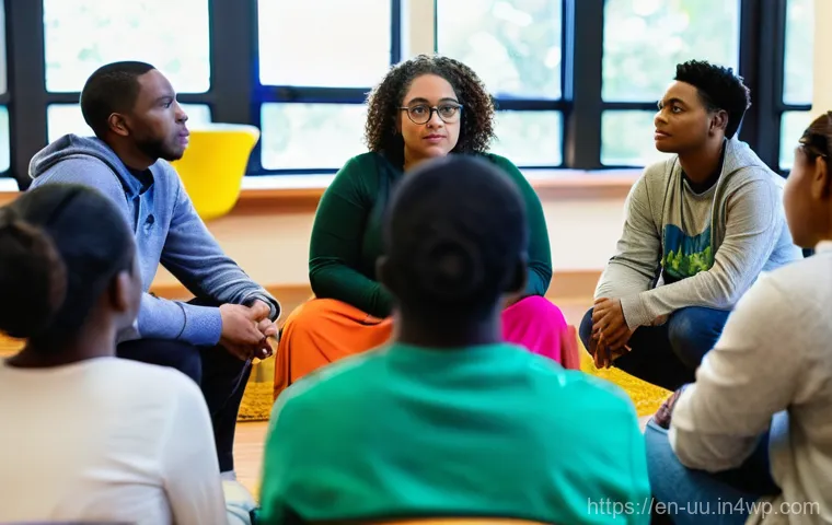 회복적 정의를 위한 커뮤니티 참여 방법 - **Community Healing Circle:** A diverse group of adults and young adults (all appearing over 15 year...