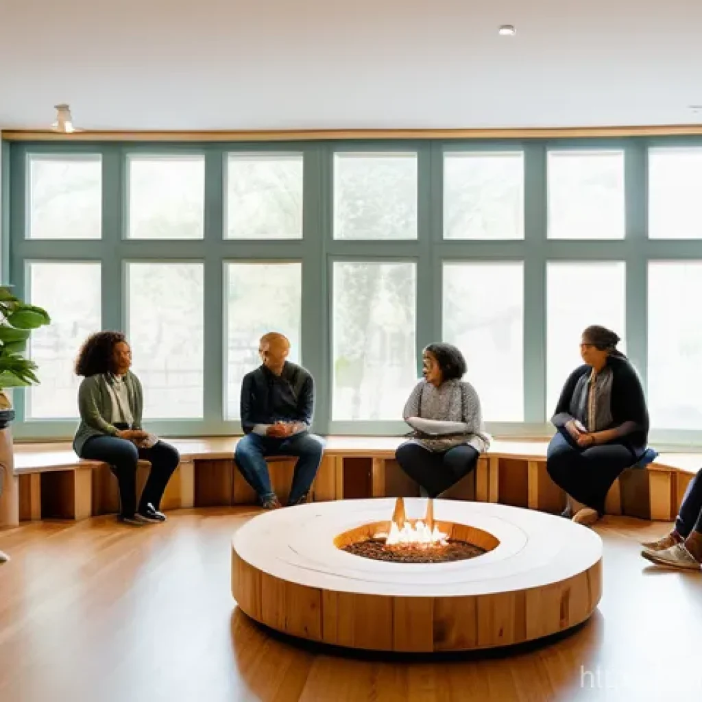 회복적 정의의 필요성과 사회적 영향 - **A Diverse Restorative Circle:** A wide, inclusive circle of diverse adults, representing various a...