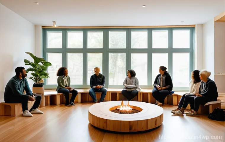회복적 정의의 필요성과 사회적 영향 - **A Diverse Restorative Circle:** A wide, inclusive circle of diverse adults, representing various a...