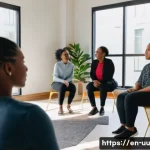 Home 21 회복적 정의 실천을 위한 워크숍 운영하기 - A diverse group of adults seated in a warm, inviting community room arranged in a circle for a resto...