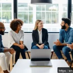 Home 18 회복적 정의를 적용한 사례 기업 내 갈등 - A diverse group of professional adults in a modern tech startup office, sitting in a restorative cir...
