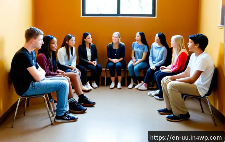 Home 17 회복적 정의와 성격 형성의 상관관계 - Photorealistic restorative justice circle in a welcoming community center, diverse teenagers and adu...