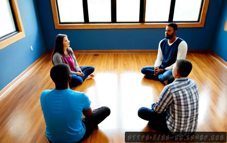 Home 17 회복적 정의와 사회적 불안 해소 방안 - Photorealistic restorative justice circle in a welcoming American community center, diverse adults s...