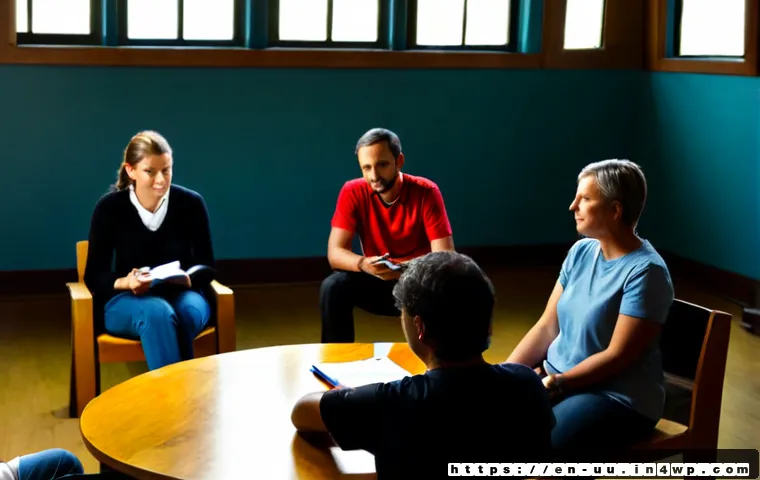 회복적 정의 실천의 평가 방법 - Photorealistic community restorative justice circle in a bright local civic center, diverse adults s...